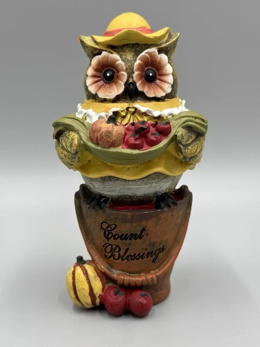 Vintage Owl Figurine Decor Fall Thanksgiving “Count Blessings” 5.5 Inch